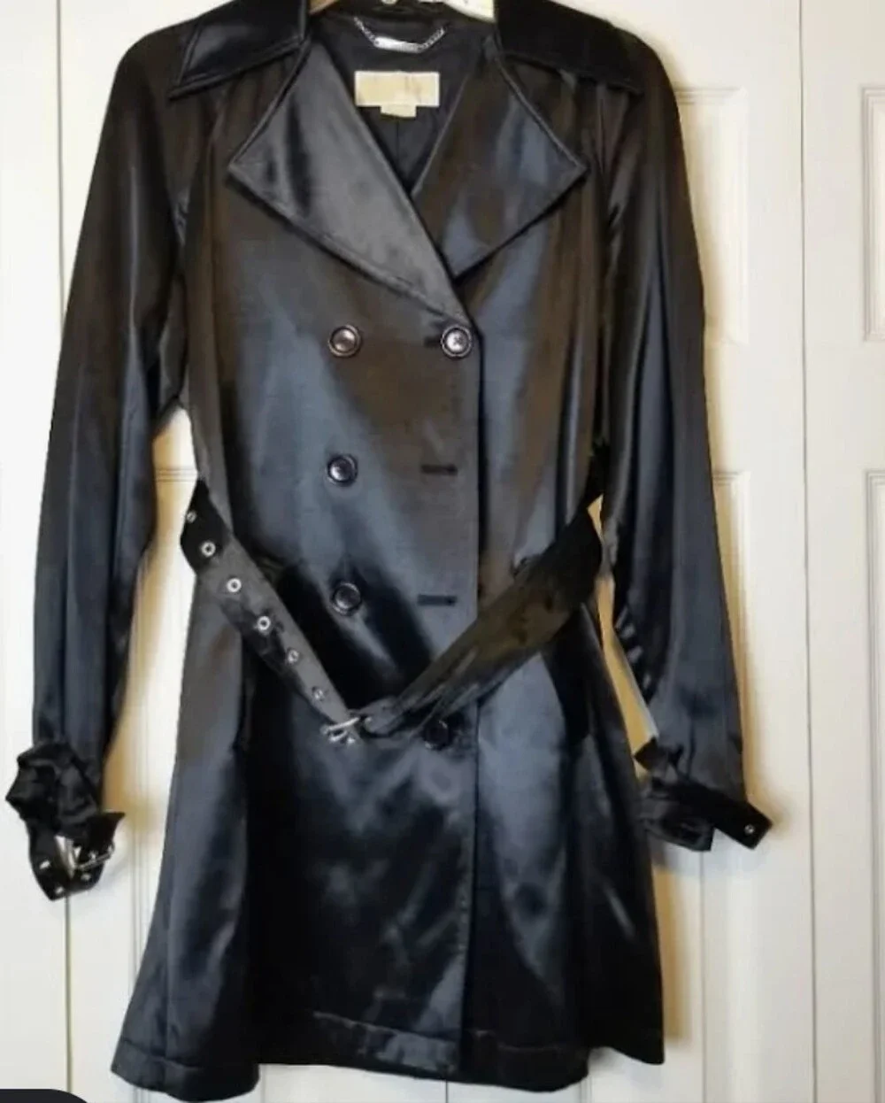 Michael Kors Black Satin Double-Breasted Trench Coat
